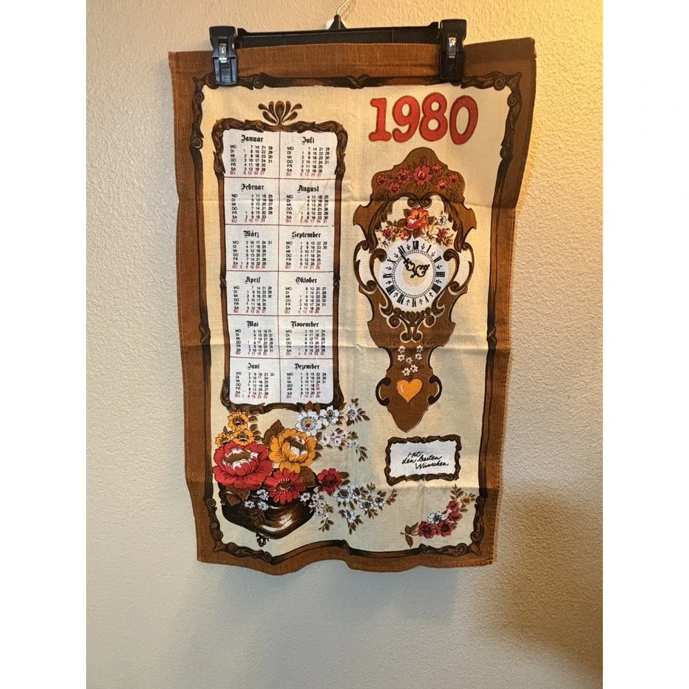 1980 German Clock Cloth Calendar Kitchen Tea Towel With Flowers Clean Condition
